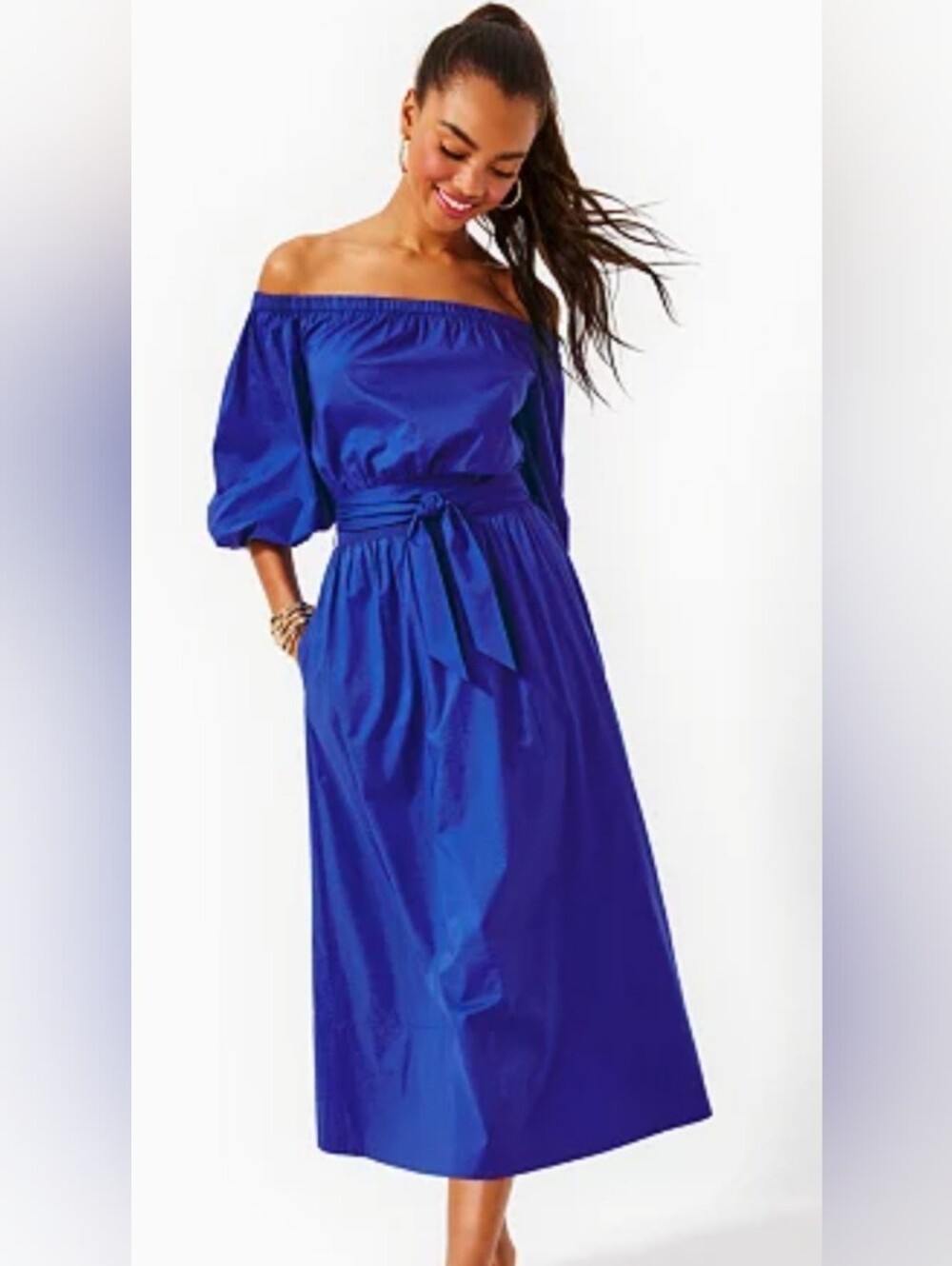 Lilly Pulitzer Midi Dress size L Alba Blue Shawnlee Elbow Off Shoulder Sleeve